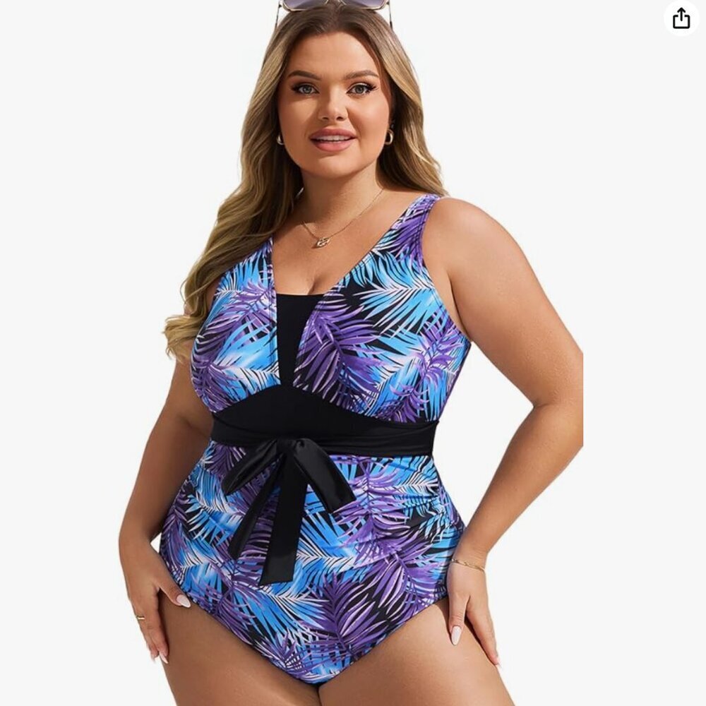 NWT! One Piece Tummy Control Blue Purple Leaf Swimsuit w Black Waist Tie. Sz. 20 - Picture 2 of 13